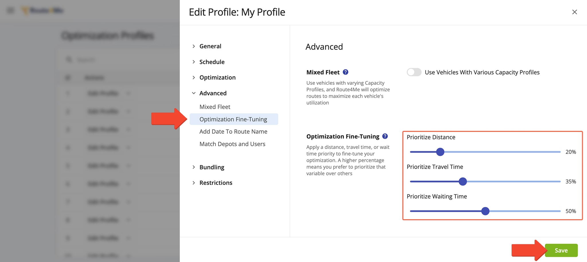 Advanced Optimization Fine Tuning is quick and easy. You can add priority settings to your Optimization Profiles so you can reuse those settings without having to adjust them every time you plan a route.