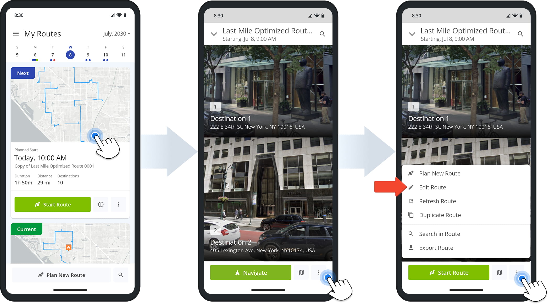Tap the Three-dot button to access the Destinations List Actions menu.