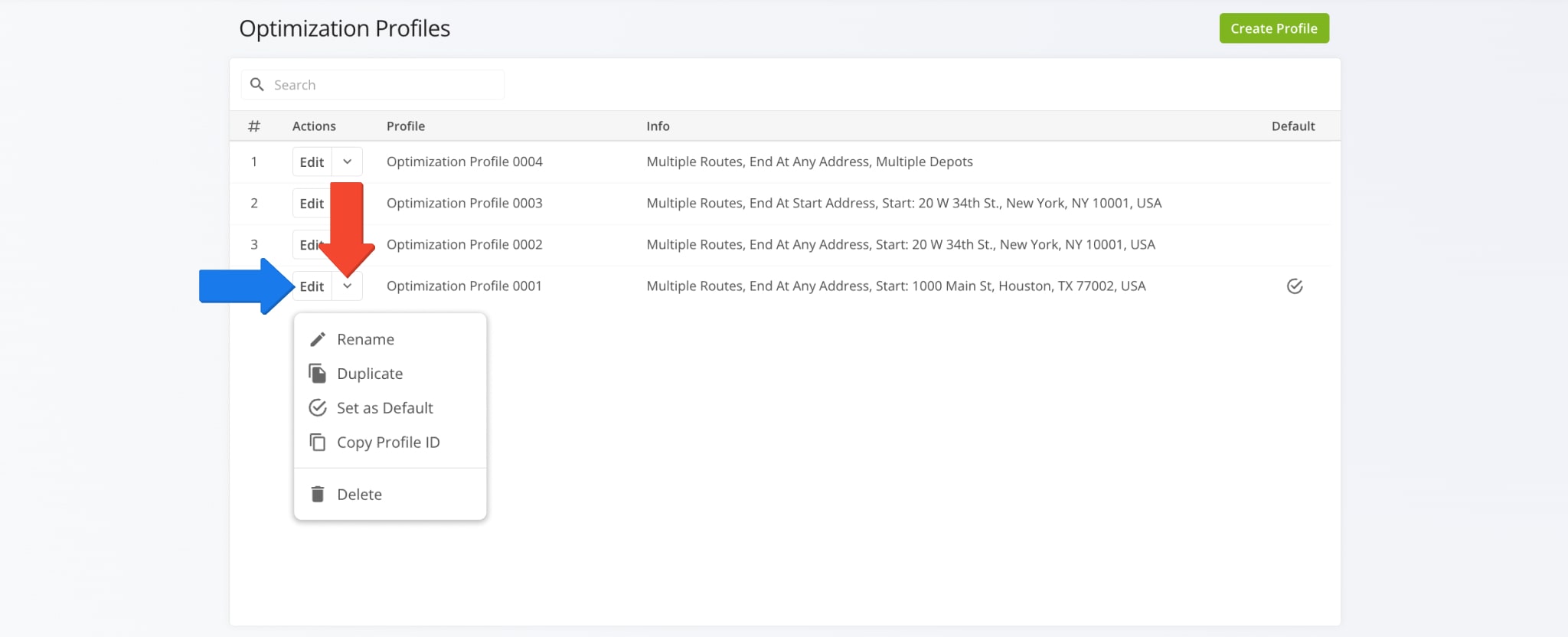 Manage route optimization profiles and edit profile settings.