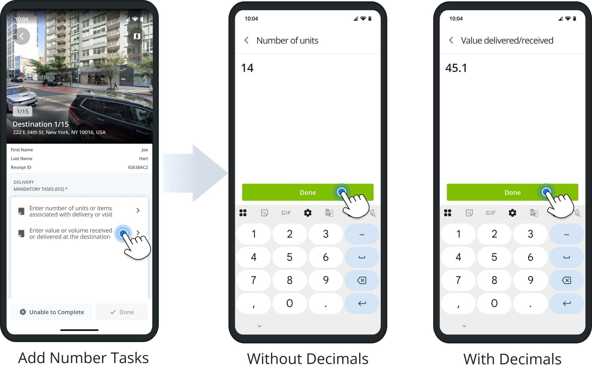 Route4Me driver app number tasks: entering a whole number of units for one task and a decimal value delivered or received for another.