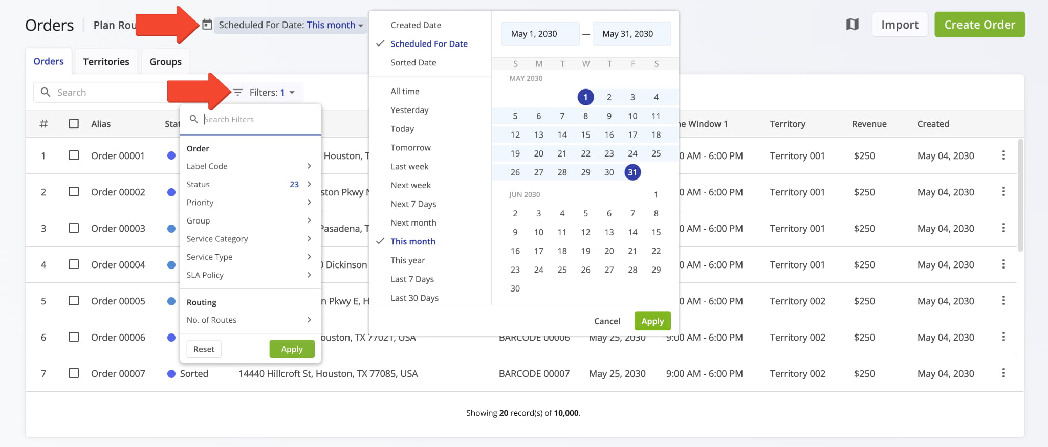 Filter orders by Scheduled For Date and any preferred custom filters so you can see only the most relevant orders for your route planning needs.