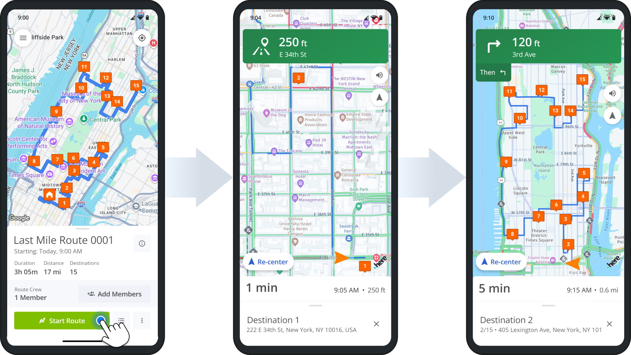 In Continuous Navigation mode, you can start routes and visit Destinations as normal. After you arrive at a Destination, the app automatically starts navigation to the next Destination on the route.