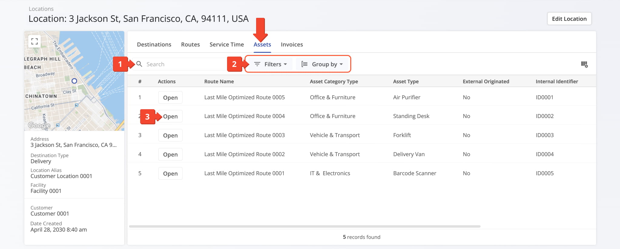 The Assets tab offers an overview of all assets associated with a Location.