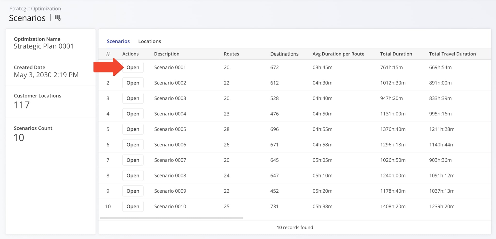 To see detailed information about a scenario's associated route plans, click the 'Open' button next to a scenario.