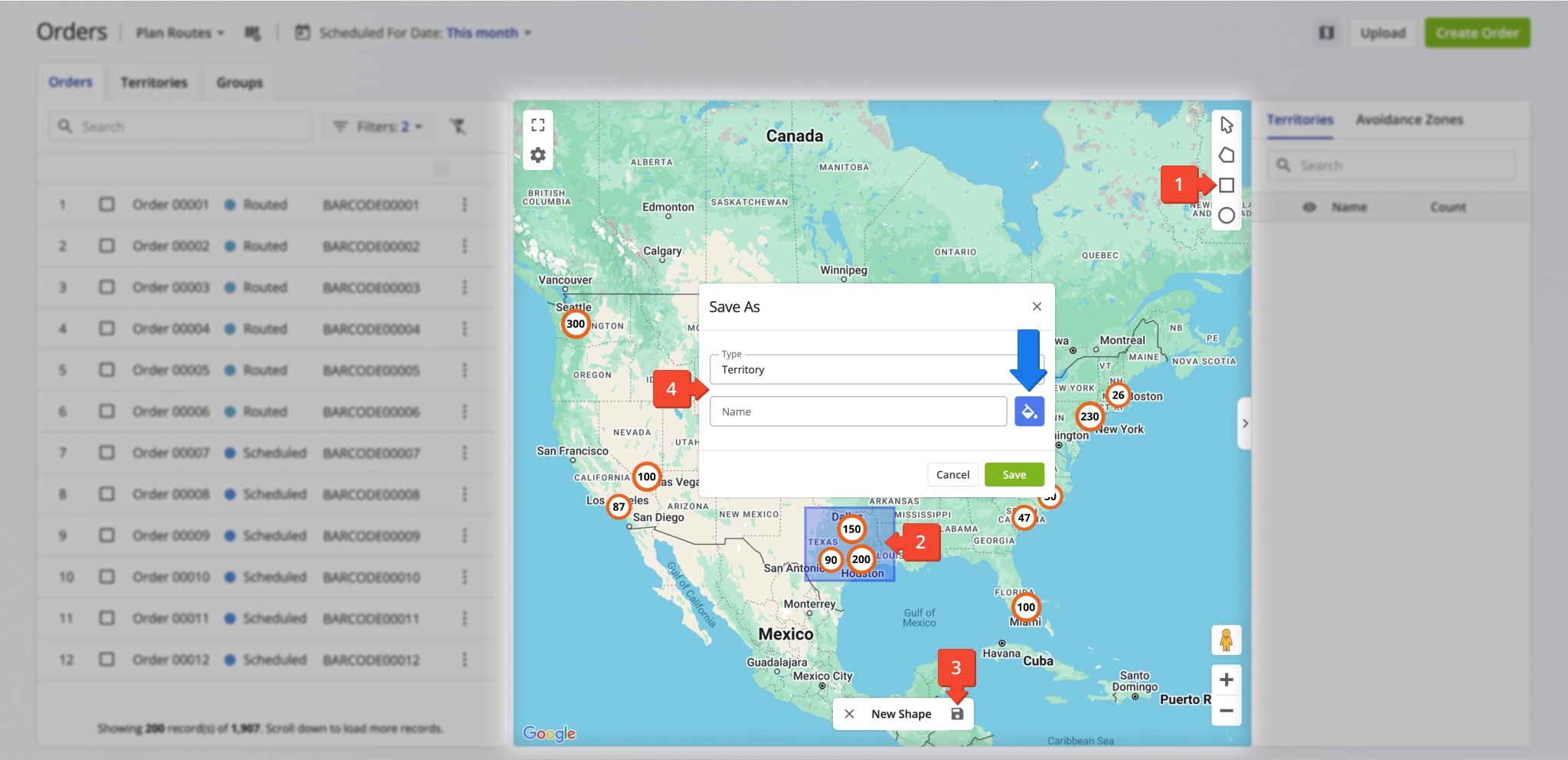 Easily create new Order Territories on the map by clicking and drawing your preferred shapes.