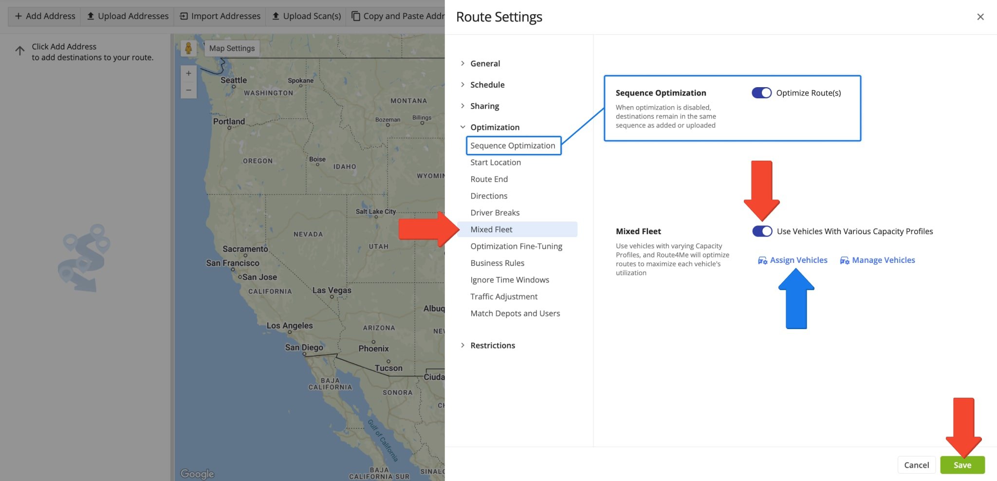 To enable mixed fleet routing, check the box next to Enable Mixed Vehicles Fleet.
