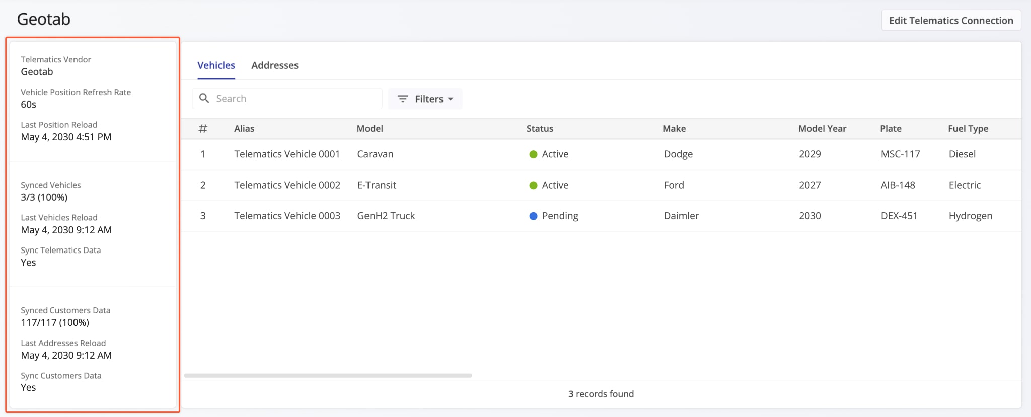 In the Telematics Connection Summary you can see the vendor name, vehicle position refresh rate, the percentage of synced vehicles and customer data, and timestamps for the last data synchronization.