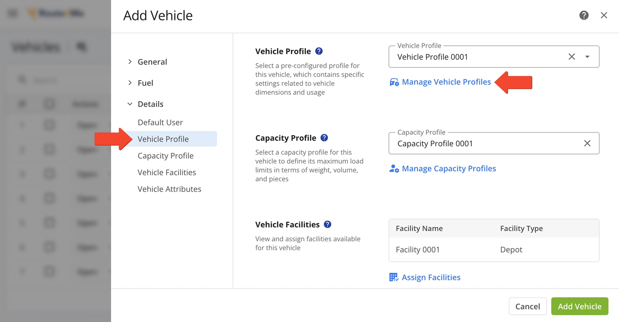 To create a Vehicle Profile, scroll down to Details and select Manage Vehicle Profiles from the Vehicle Profile dropdown menu.