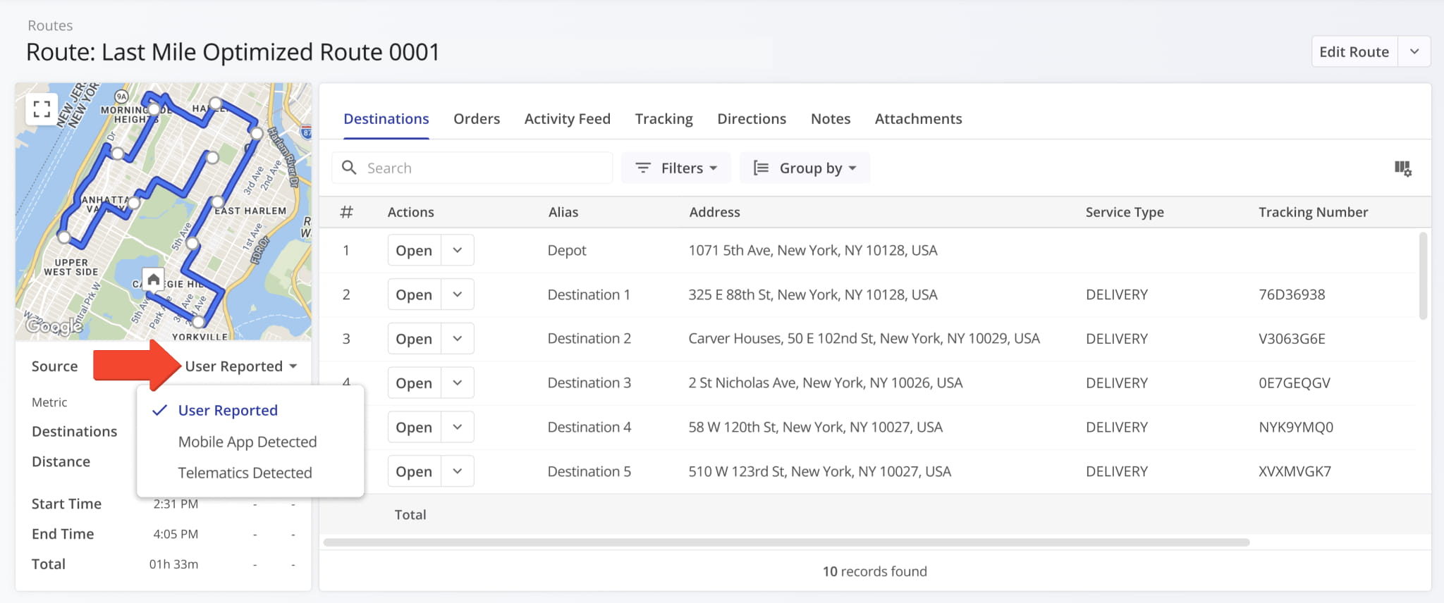 A new Source field was added to the route data summary in Route Snapshots. It enables you to select the source of the route data shown in the route summary on the left.