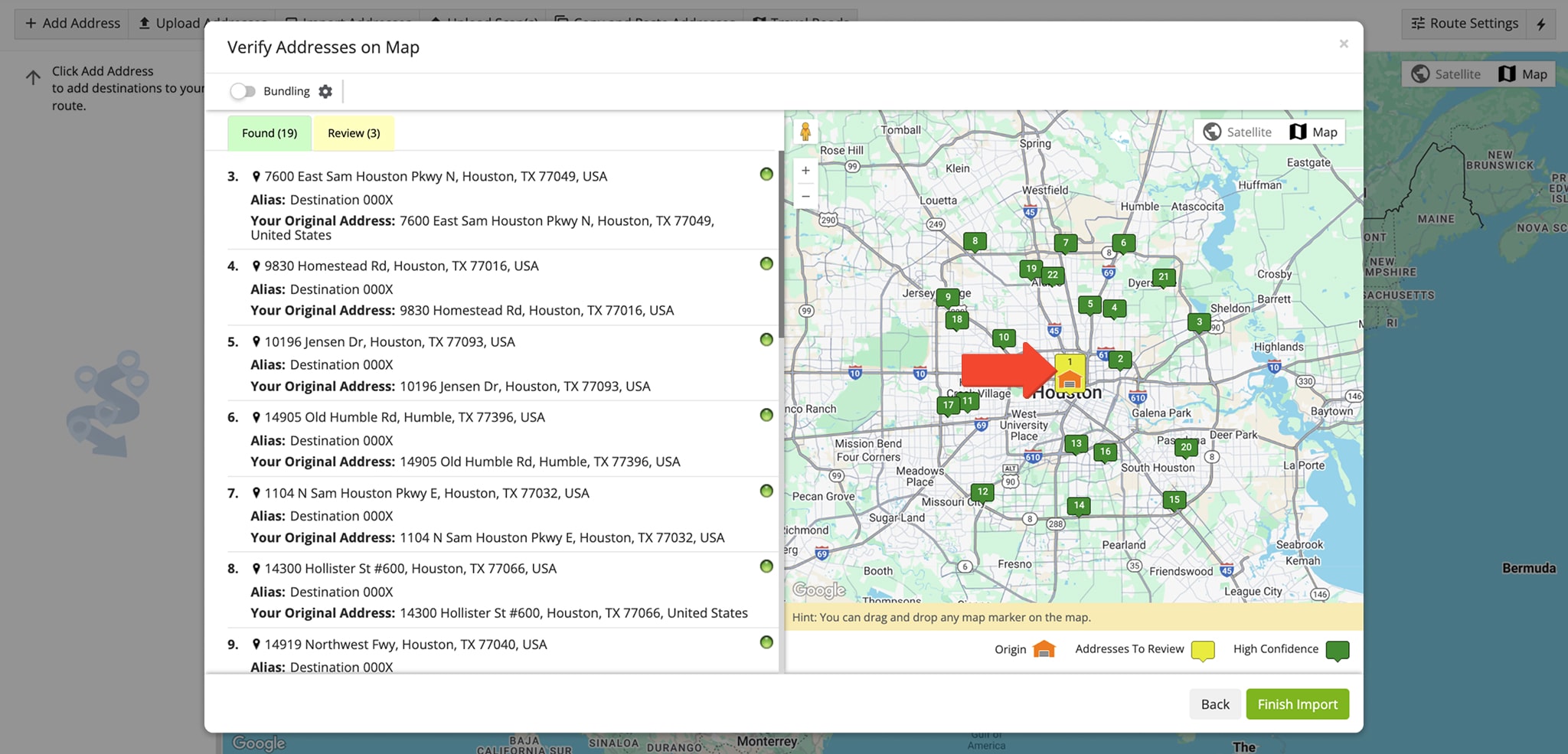 Verify addresses on the map, confirm the depot, and plan routes that start and return to the same distribution center.