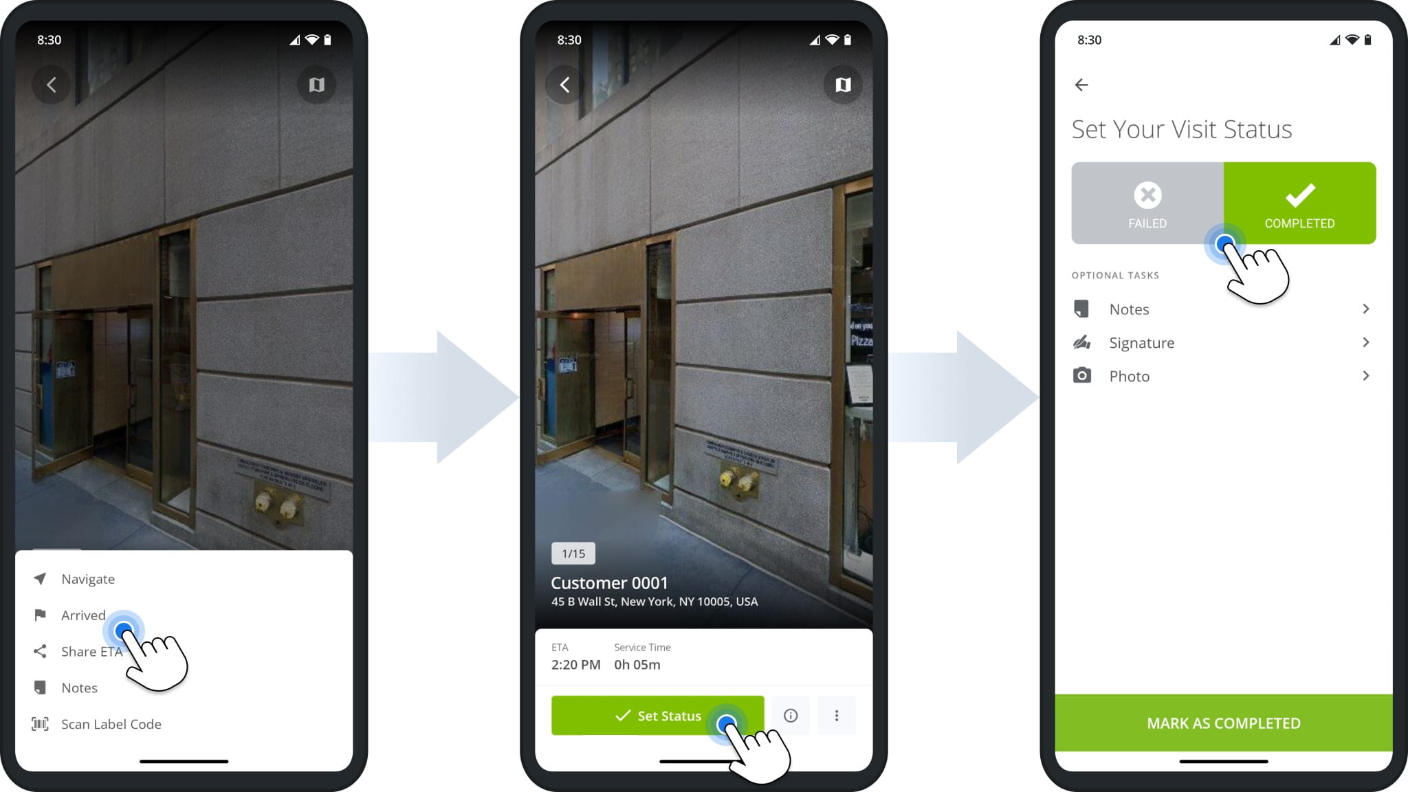 Set statuses to route stops and addresses on Android Multi-Stop Route Optimization app for last-mile drivers to track route progress.