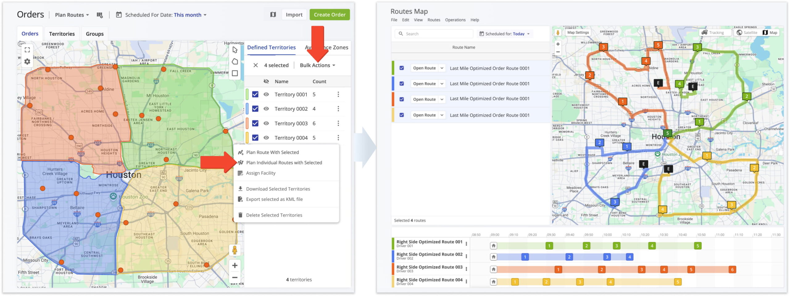 Select multiple Order Territories and plan separate routes that don