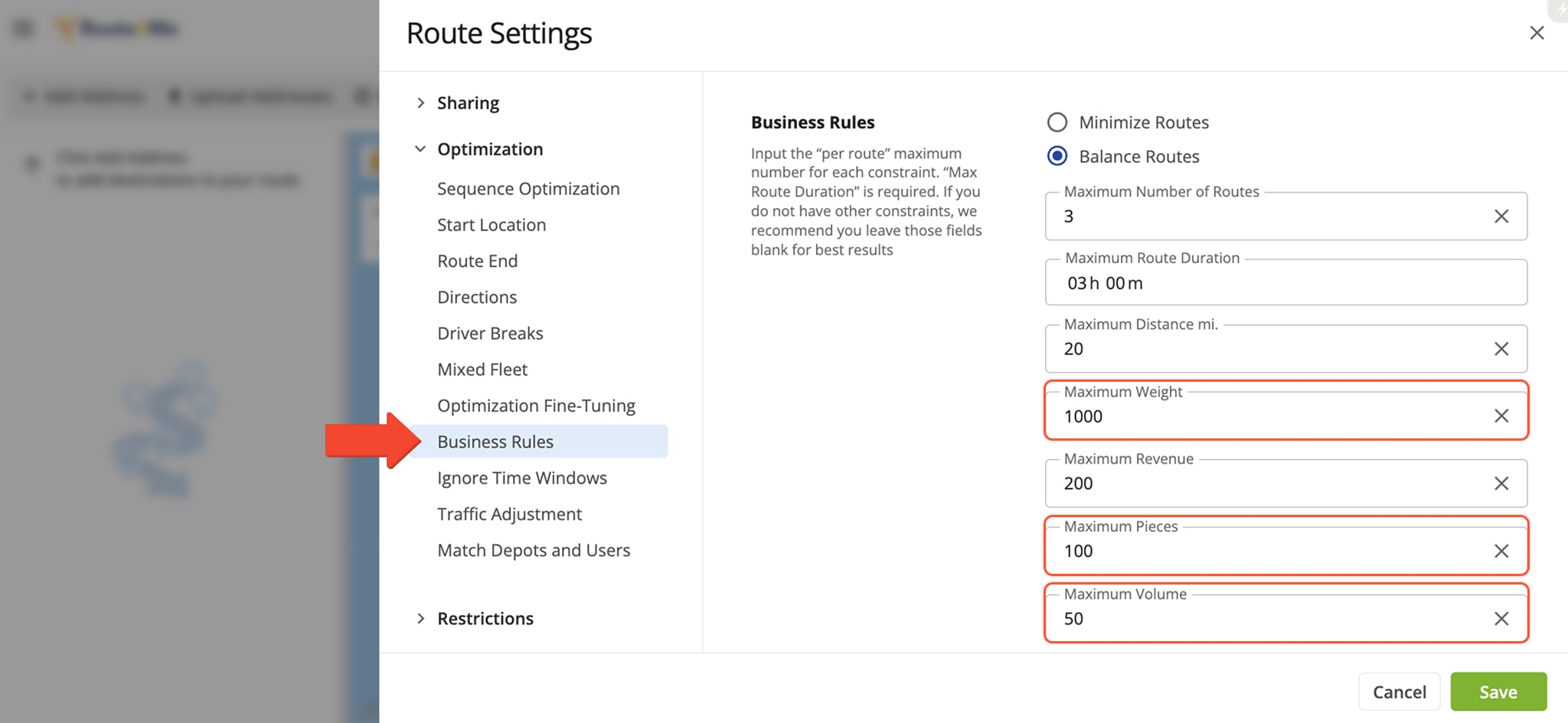 Enter route capacity limits for pieces, volume, and weight.