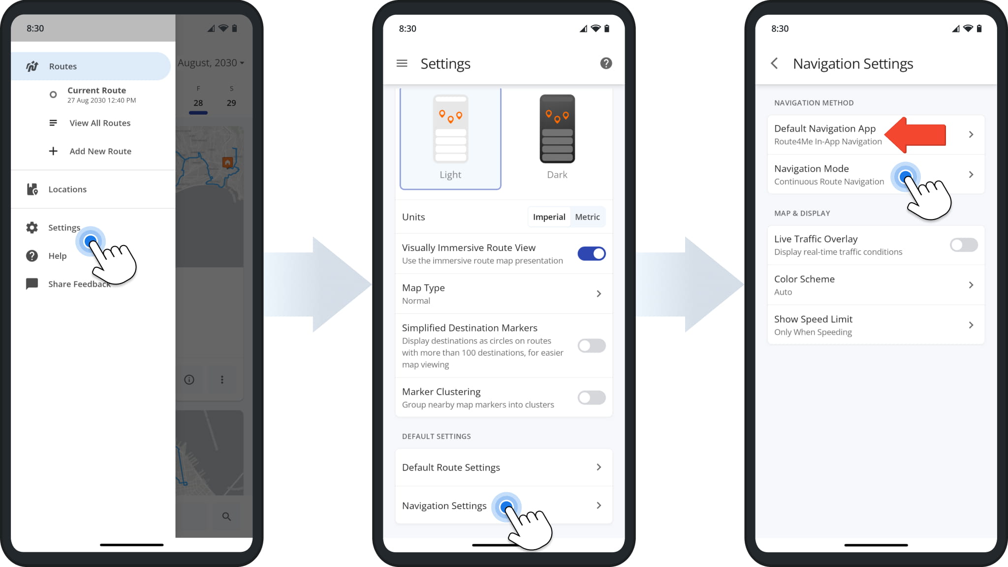 Route planner integrated navigation settings for the default navigation app, continuous route navigation, and single-stop navigation.
