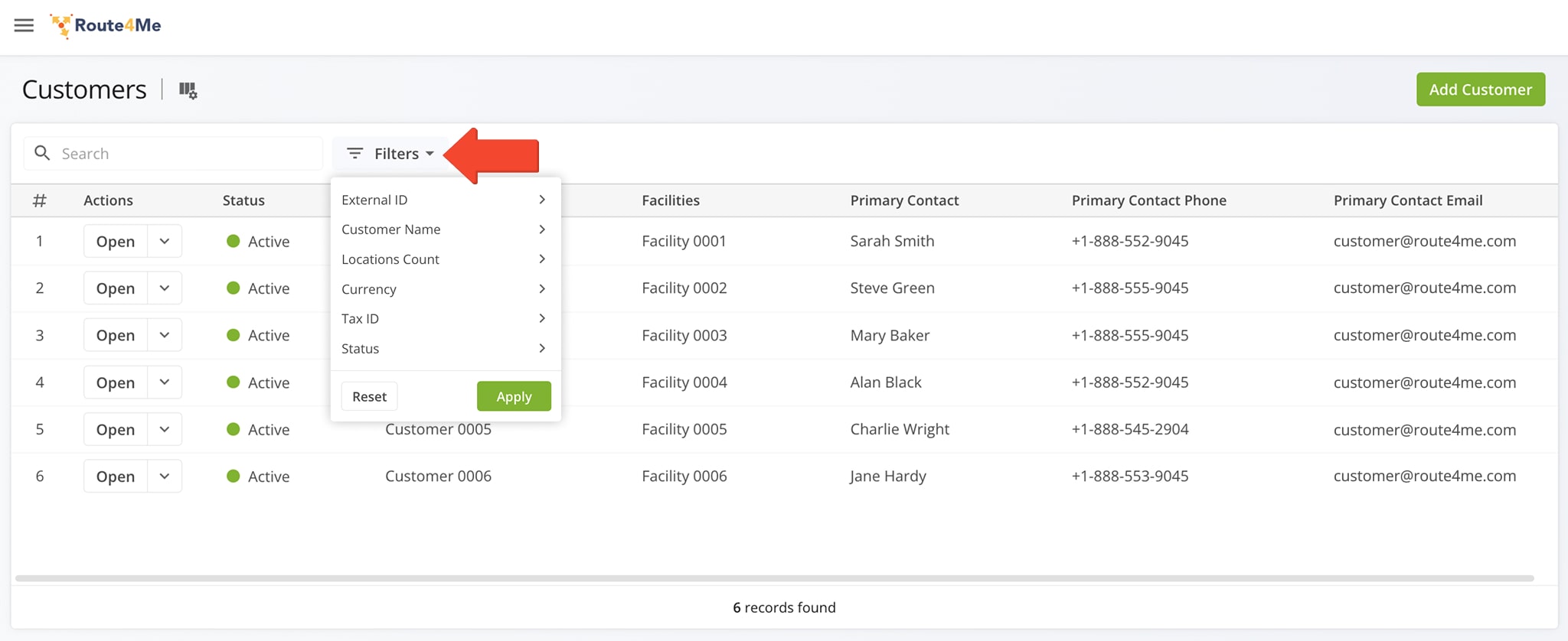 Click 'Filters' to narrow Customer data by a specific parameter, or use the 'Search' bar to find a particular entry. 