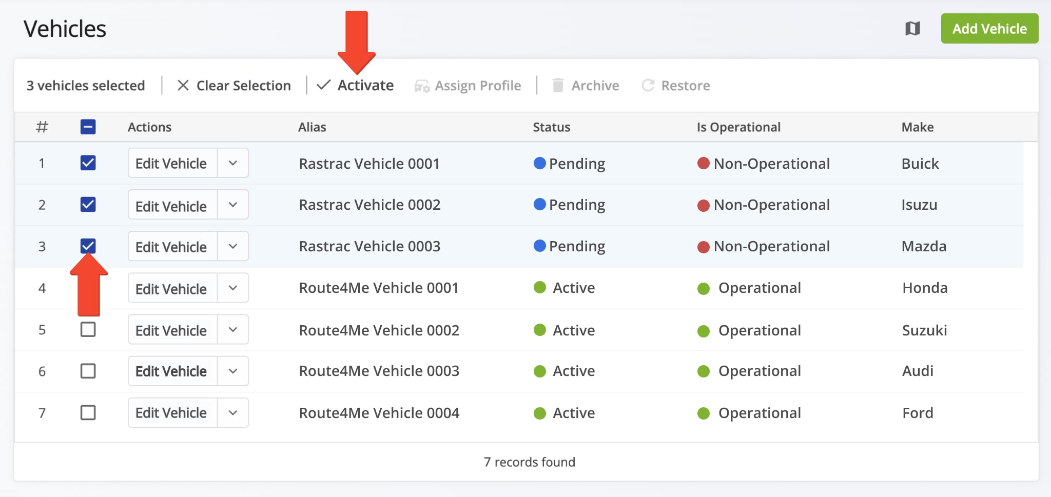 View and manage Rastrac Telematics telematics vehicles in your Route4Me Vehicles page.