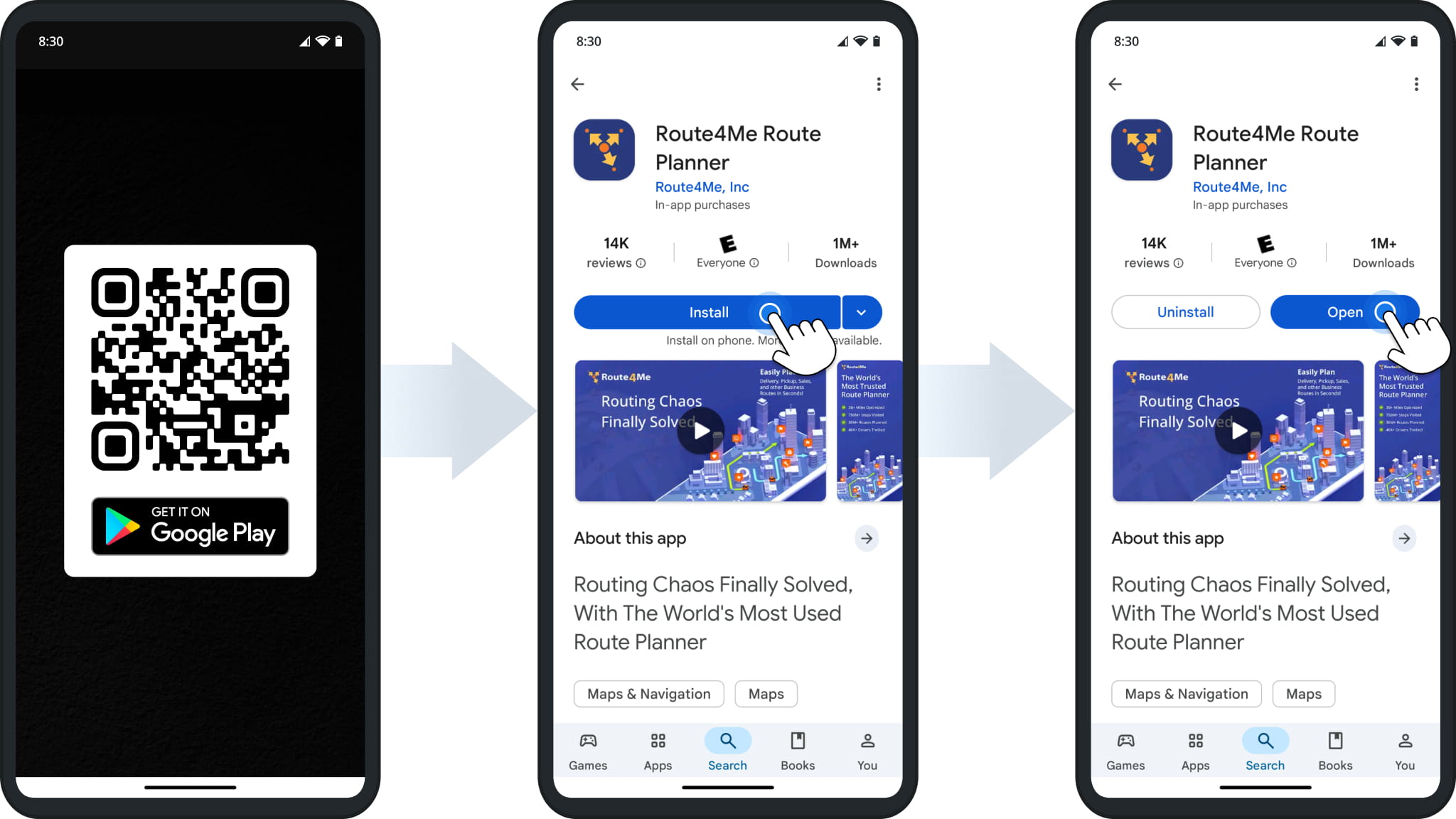 Scan the QR code to open the Route4Me Route Planner page in the Google Play Store, then tap Install and Open to launch the Android Route Planner app.