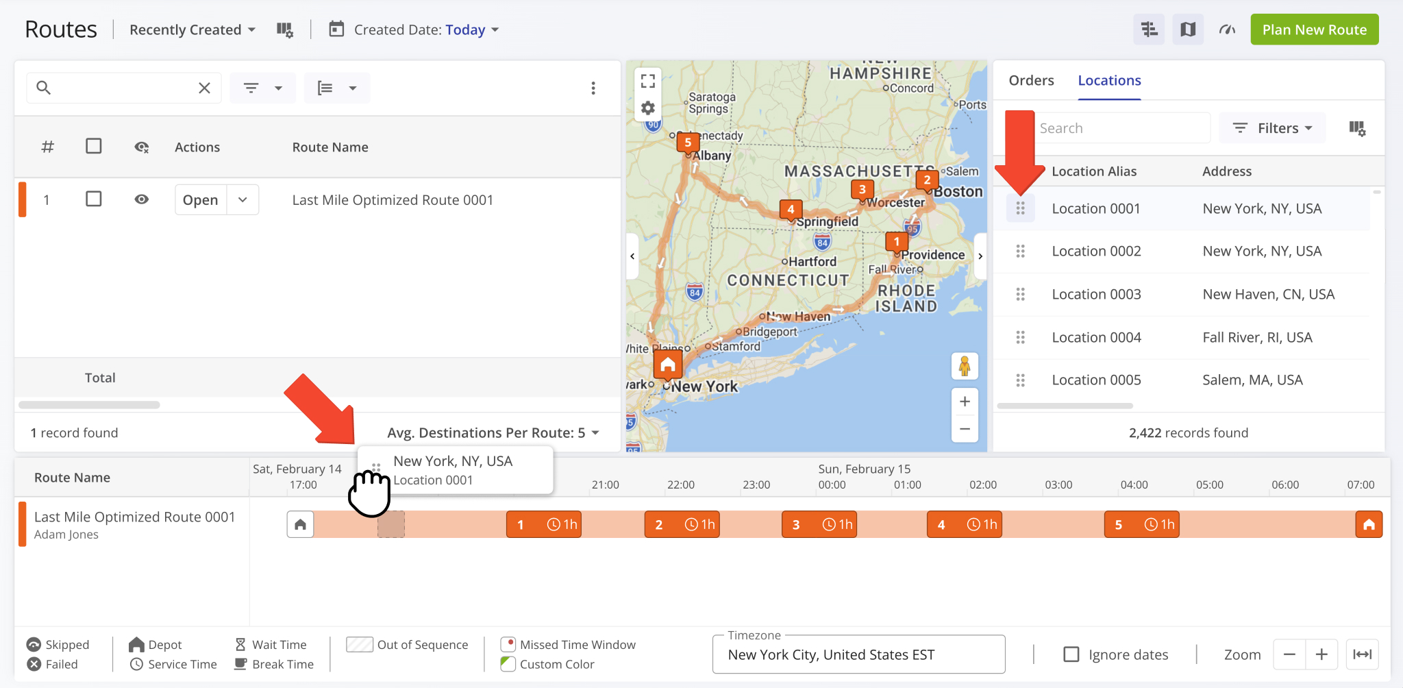 You can now drag and drop Orders and Locations from the Routes Map Sidebar directly onto the Routes Timeline to insert orders and locations into routes.