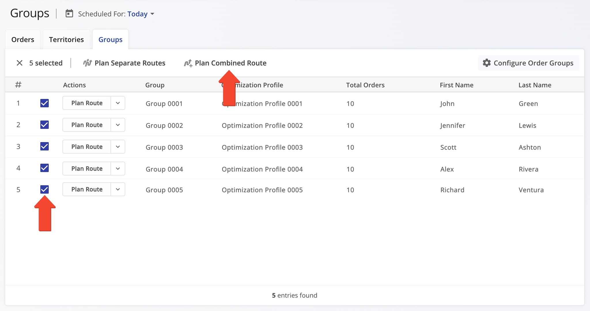 Selecting Order Groups to plan a combined route and optimize a single route with all orders in all selected groups.