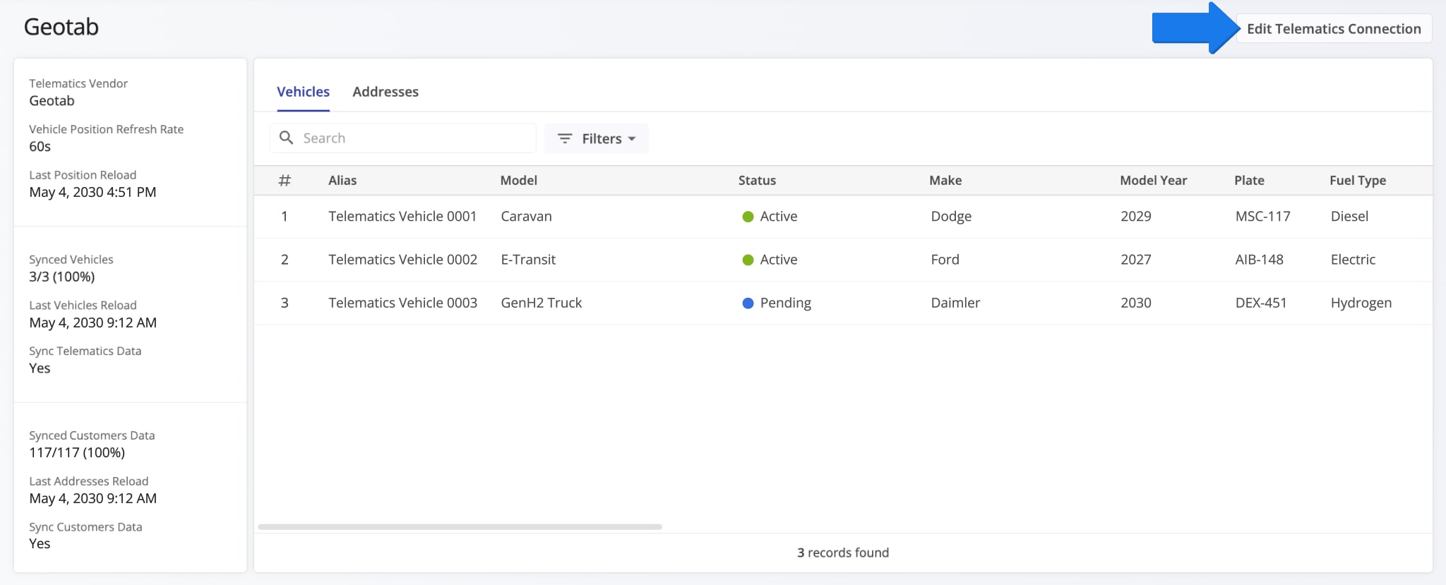 You can edit Telematics Connections directly from the Telematics Snapshot. Just click the 'Edit Telematics Connection' button.