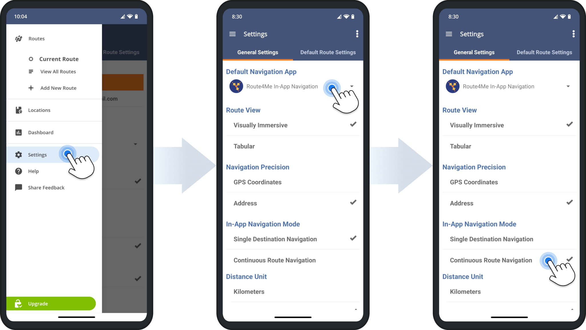Route planner integrated navigation settings for the default navigation app, continuous route navigation, and single-stop navigation.