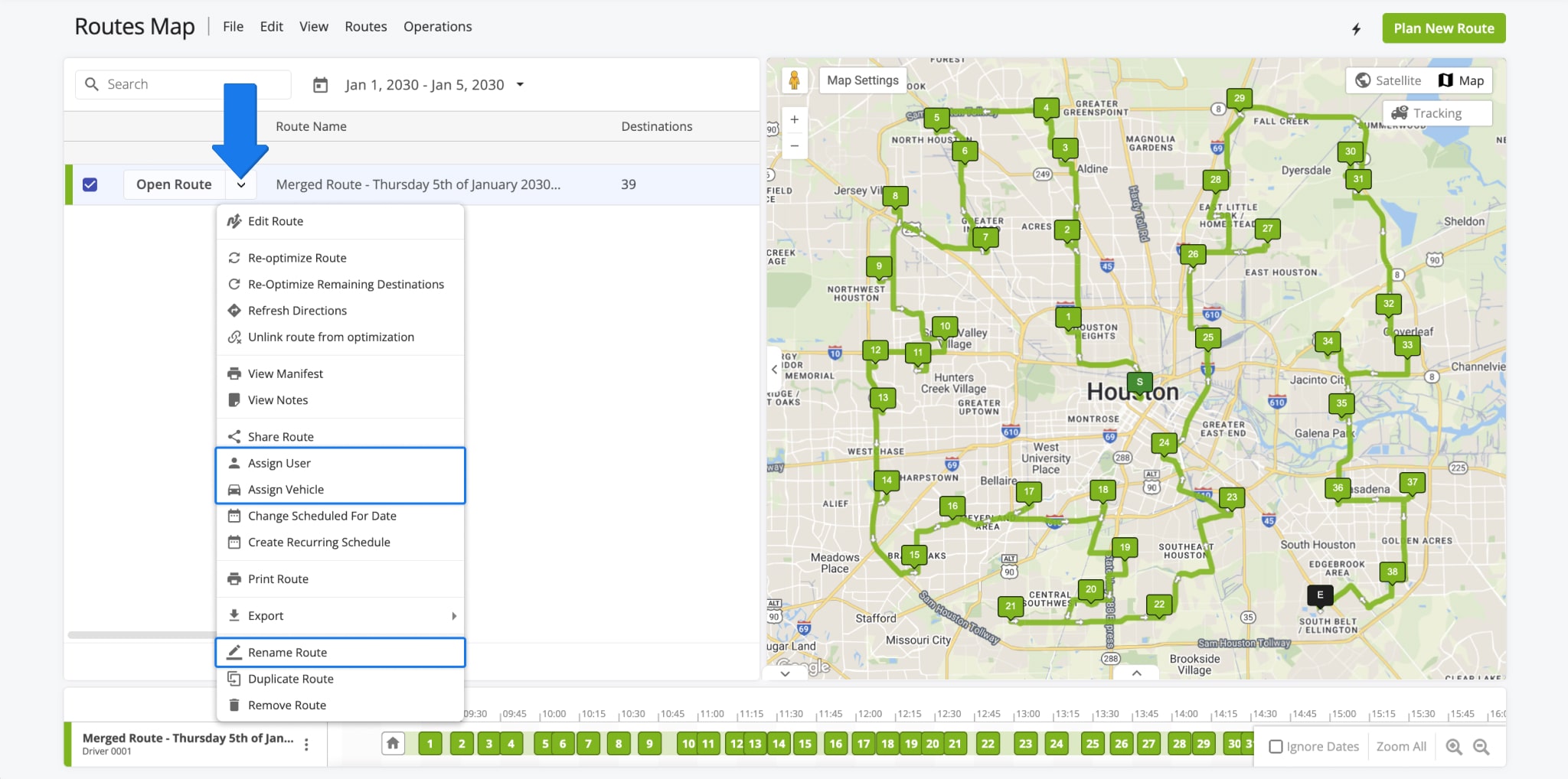 The merged route appears in your Routes Map, where you can rename it or assign a User and Vehicle.