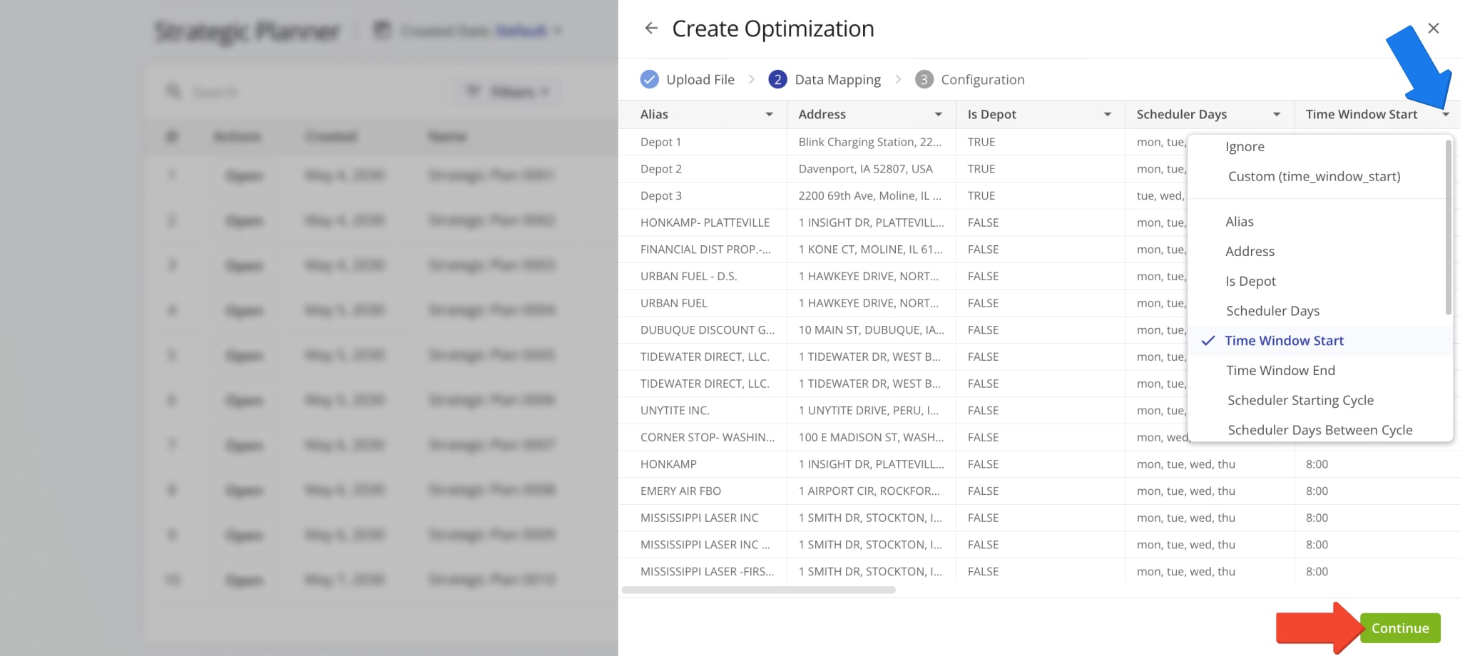 Route4Me's Strategic Planner automatically validates your data columns and map their associated details to the correct internal variables for optimization.