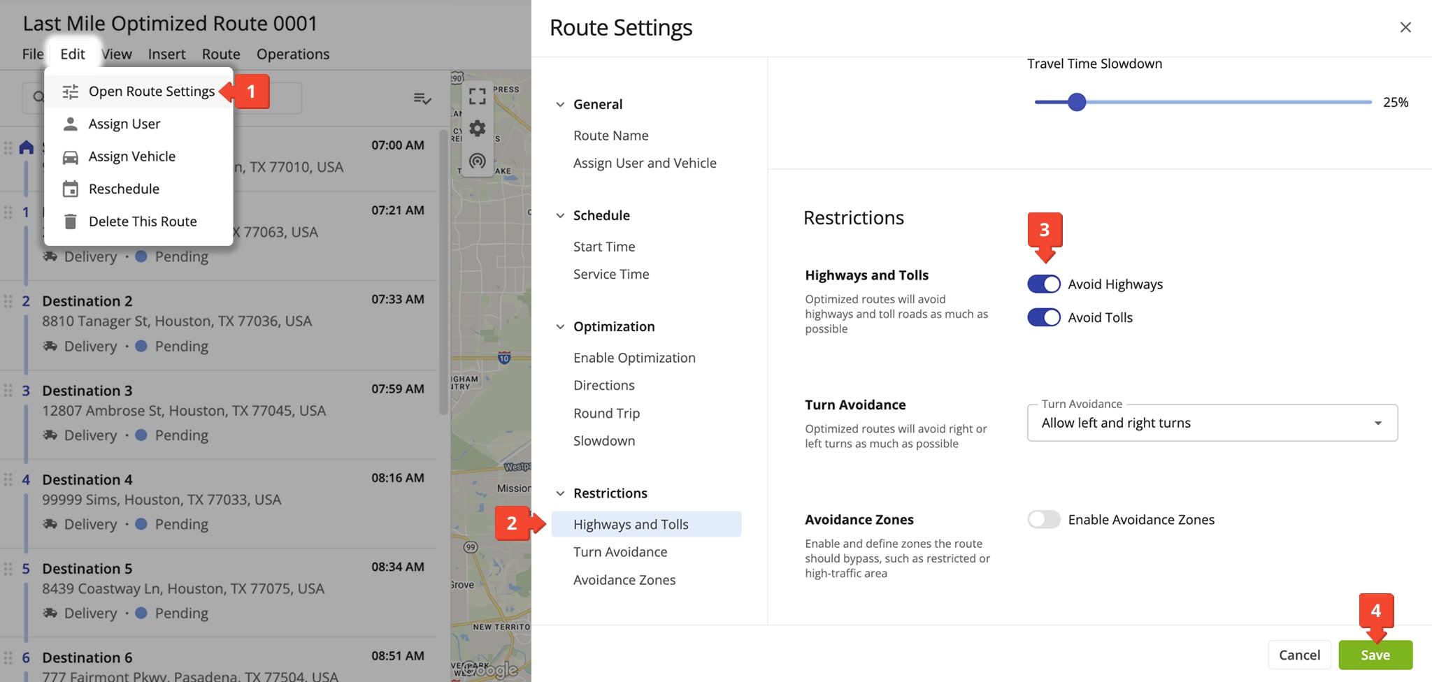 You may want to enable highway and toll road avoidance in routes that are already planned and optimized. Route4Me will automatically update your route's directions any time you save new route settings.