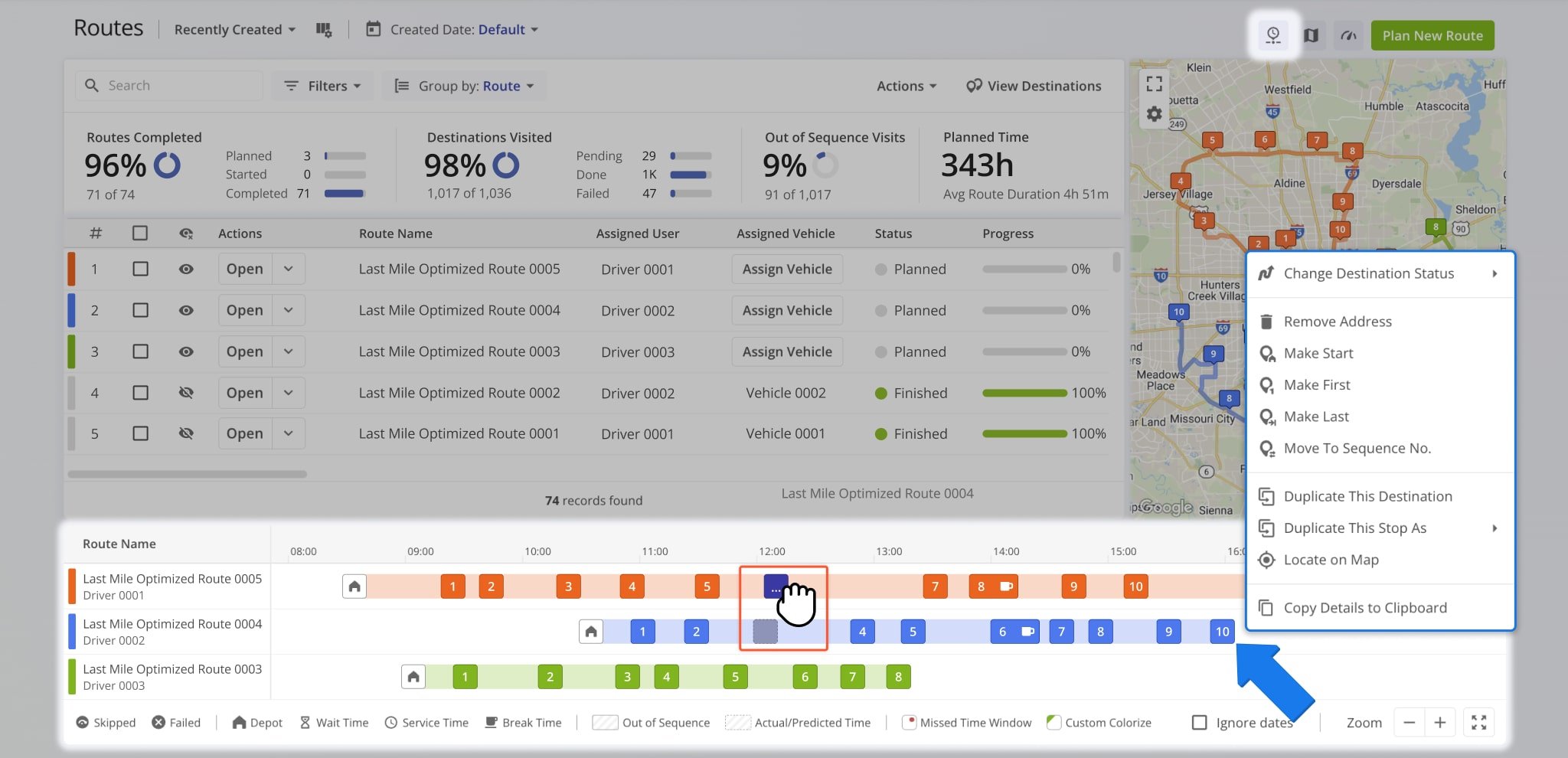 Right-click any destination to change its status, adjust its sequence, duplicate it, or locate it on the map.