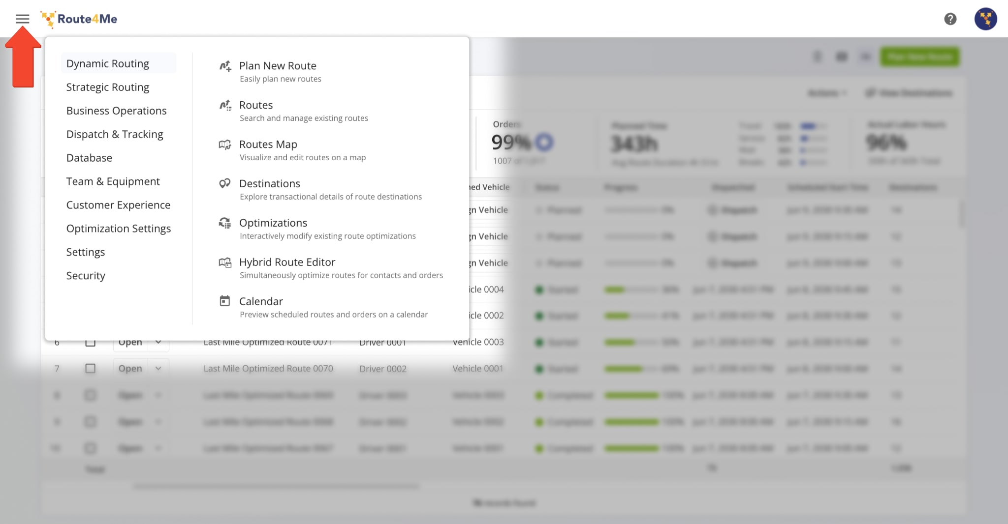 Your Route Planning and Optimization tools are organized by category in the Navigation Menu, giving you access to different features based on your needs.