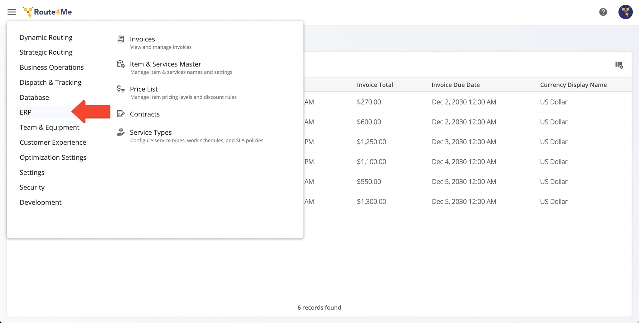 Click ERP to access your Invoice, Item & Service Master, and Price List pages.