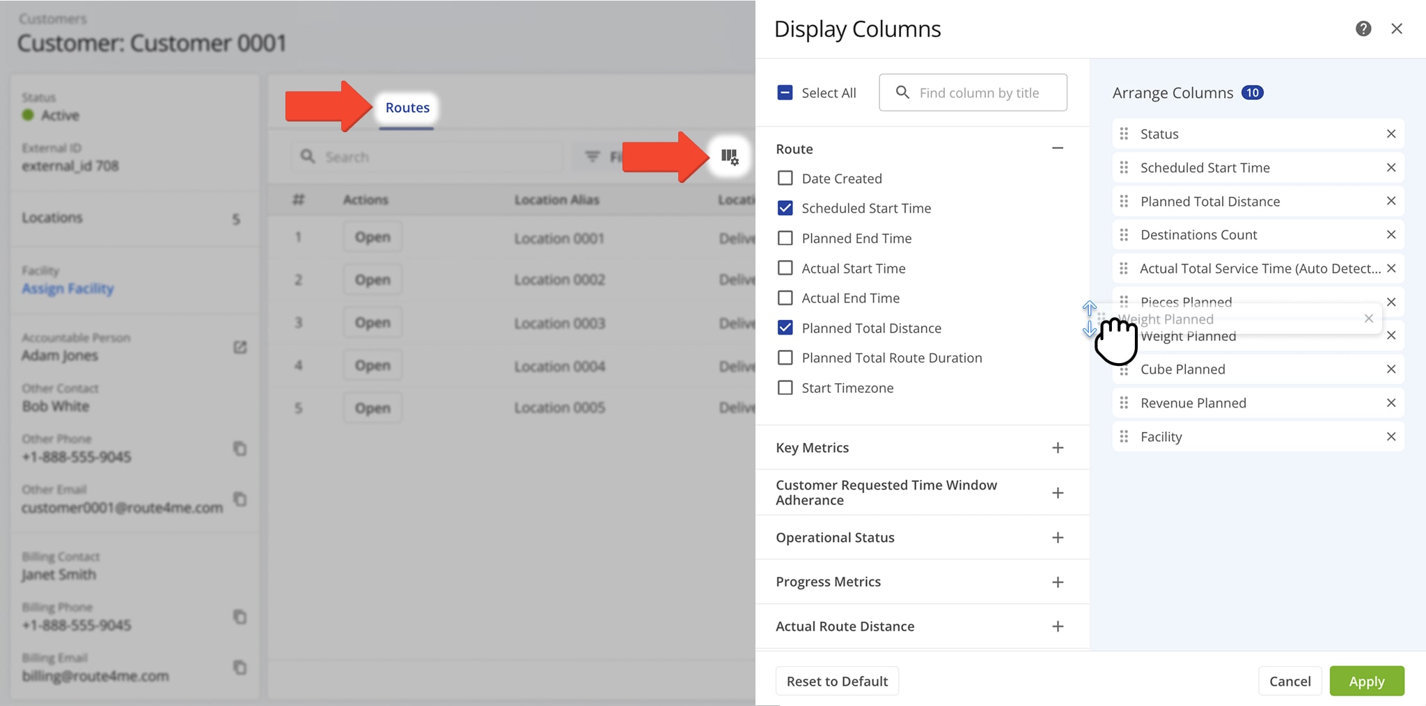Customize routes data by selecting columns to display.