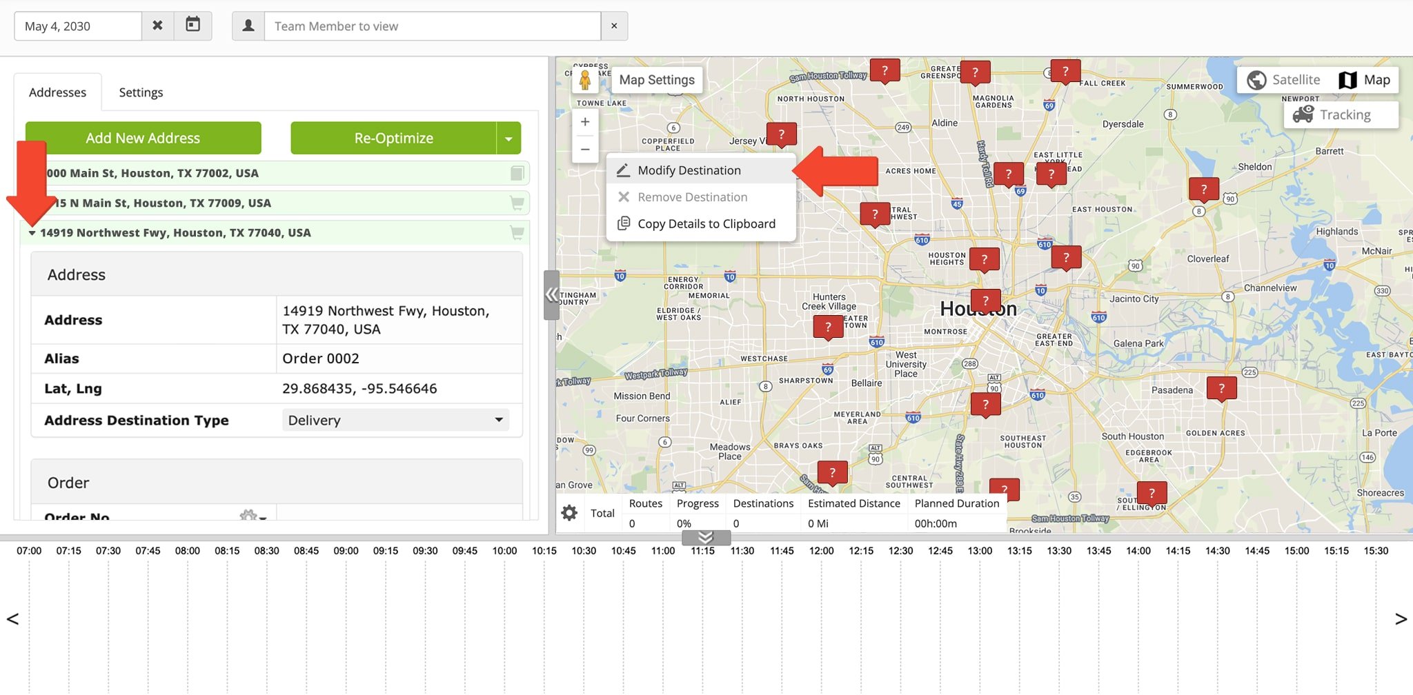 To modify an event using the Interactive Map, right-click the event and select 'Modify Destination'. Alternatively, you can modify events and scheduled deliveries right in the Addresses Tab.