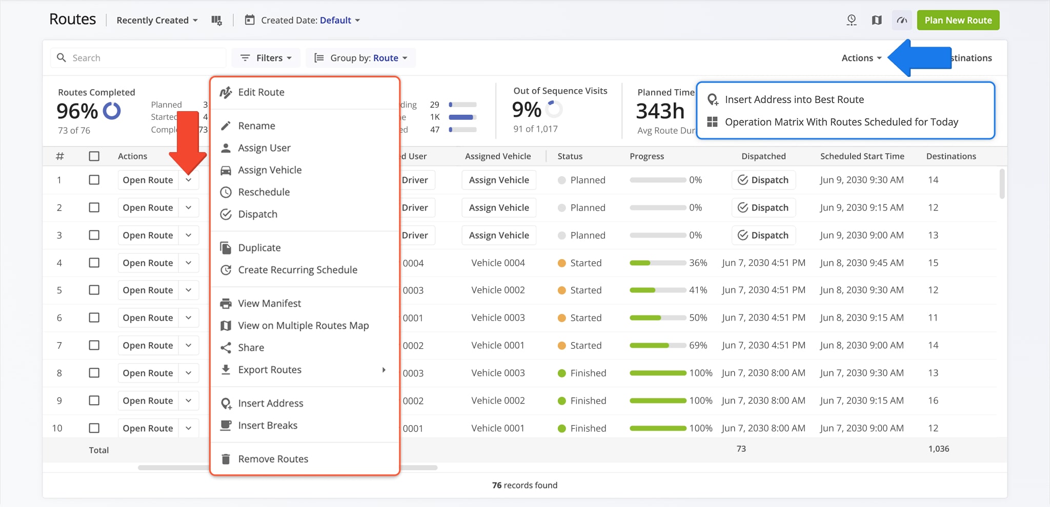 Access route management options directly from your Routes List by clicking the Down Arrow next to Open Route or right-clicking the preferred route.