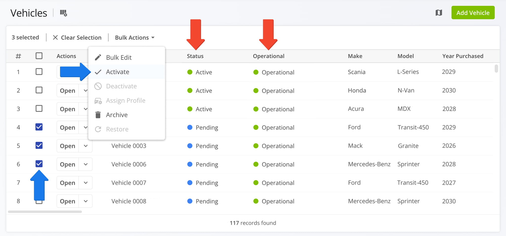 Once activated, telematics vehicles appear as
