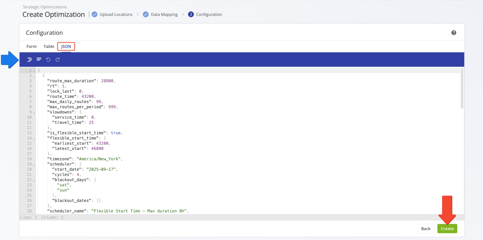 Once you've imported your data, you can configure optimization parameters for strategic cycle planning using the JSON format. Additionally, you can use the blue bar above the configurator to format your JSON text.