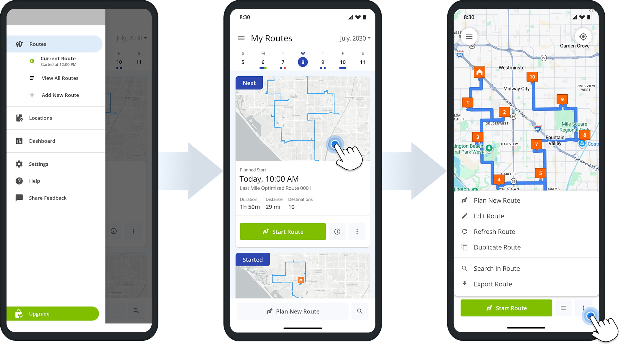Open a route and click the Three-dot Icon to access route management options.