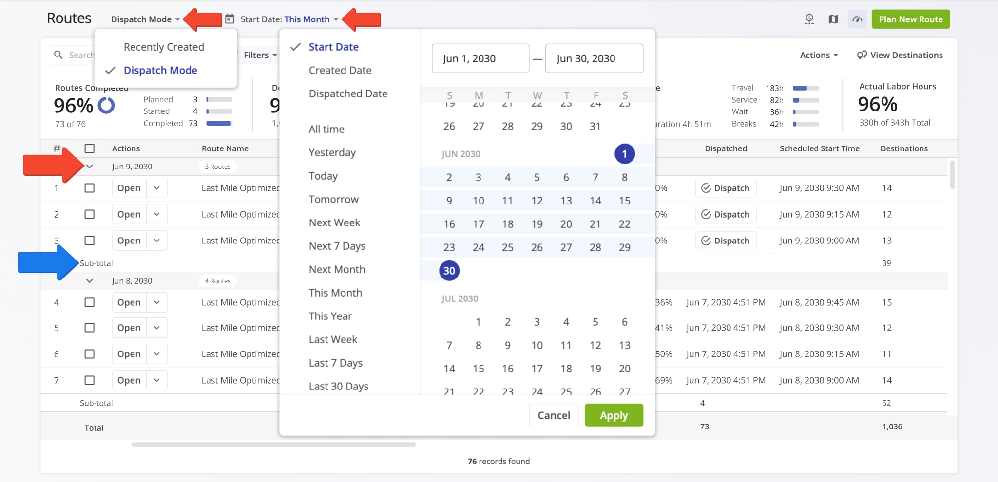 Dispatch View Mode sorts and groups routes by their Scheduled Start Date. Routes with the latest start date are at the top of your Routes List.
