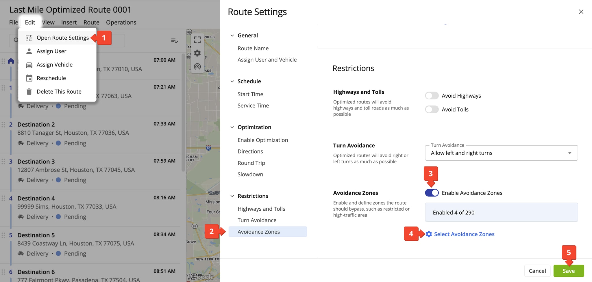 You may want to add Avoidance Zones to routes that are already planned and optimized. Route4Me will automatically update a route's directions any time you change route settings.