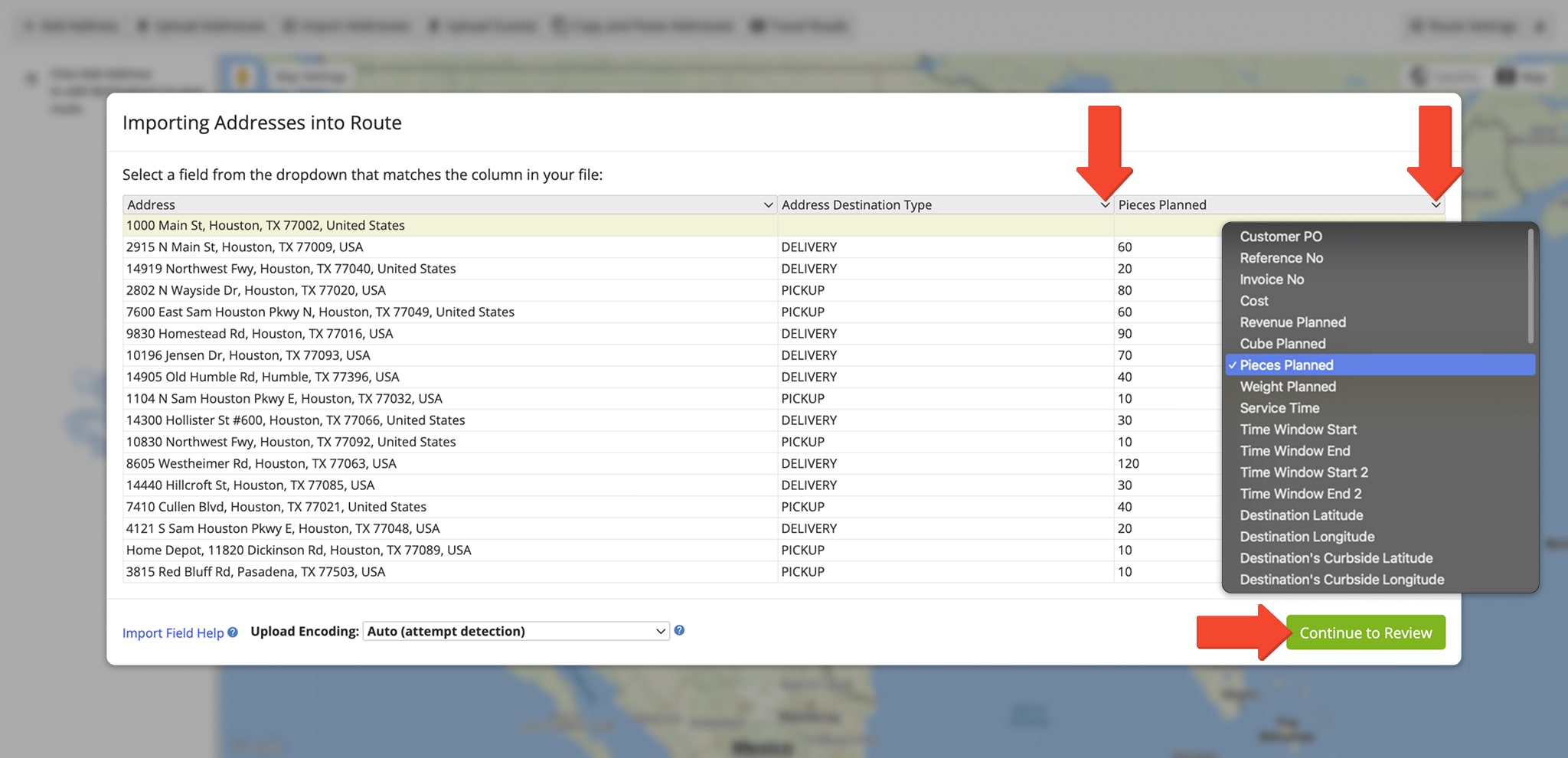 After uploading your route spreadsheet, ensure all column headers are matched correctly.
