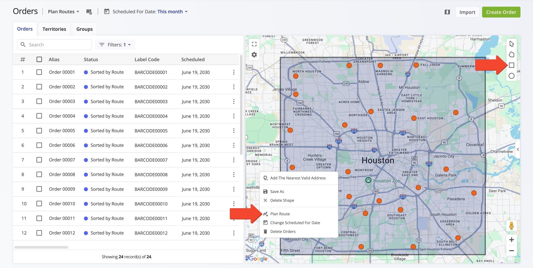 Easily plan routes with orders by drawing a shape around the preferred orders on the Orders Map and seamlessly planning a route.