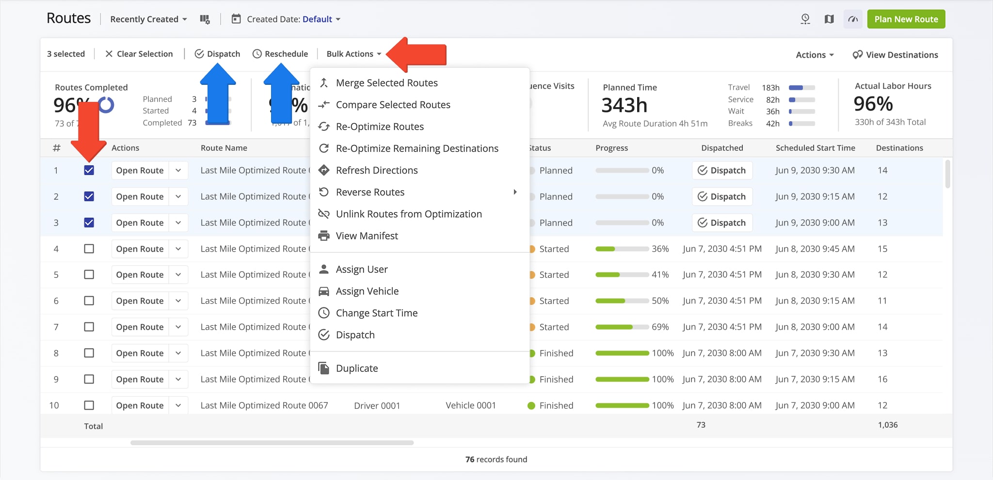 Use bulk actions to manage multiple routes at the same time from the Routes List.