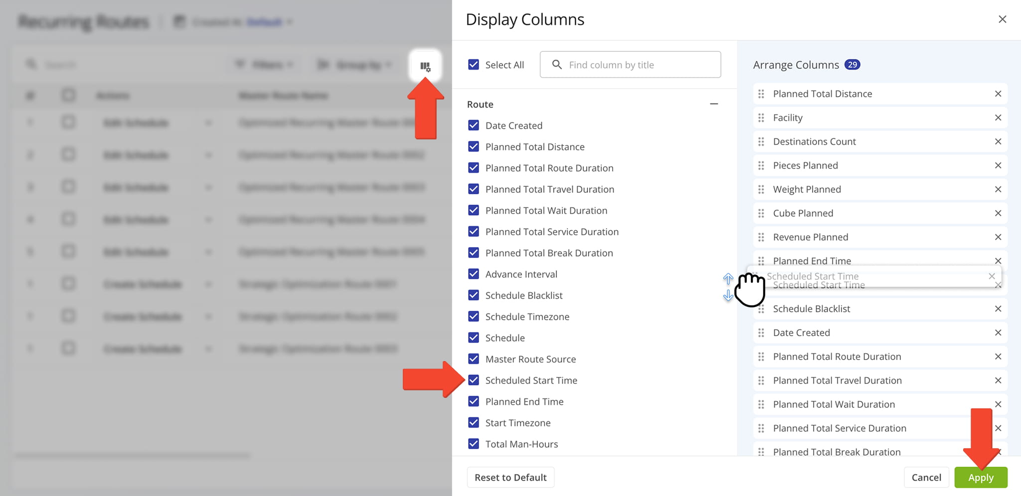 You can also customize the data columns shown on your Recurring Routes page. To do so, click the Display Columns button and check the boxes next to the columns you want to enable.