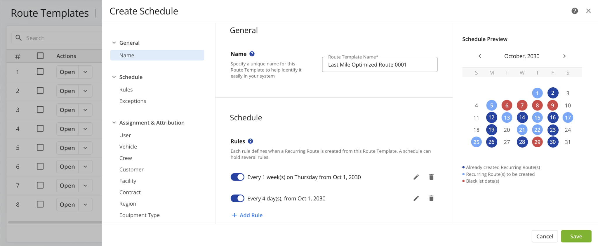 You can predefine the number of days in advance you would like to create recurring routes.