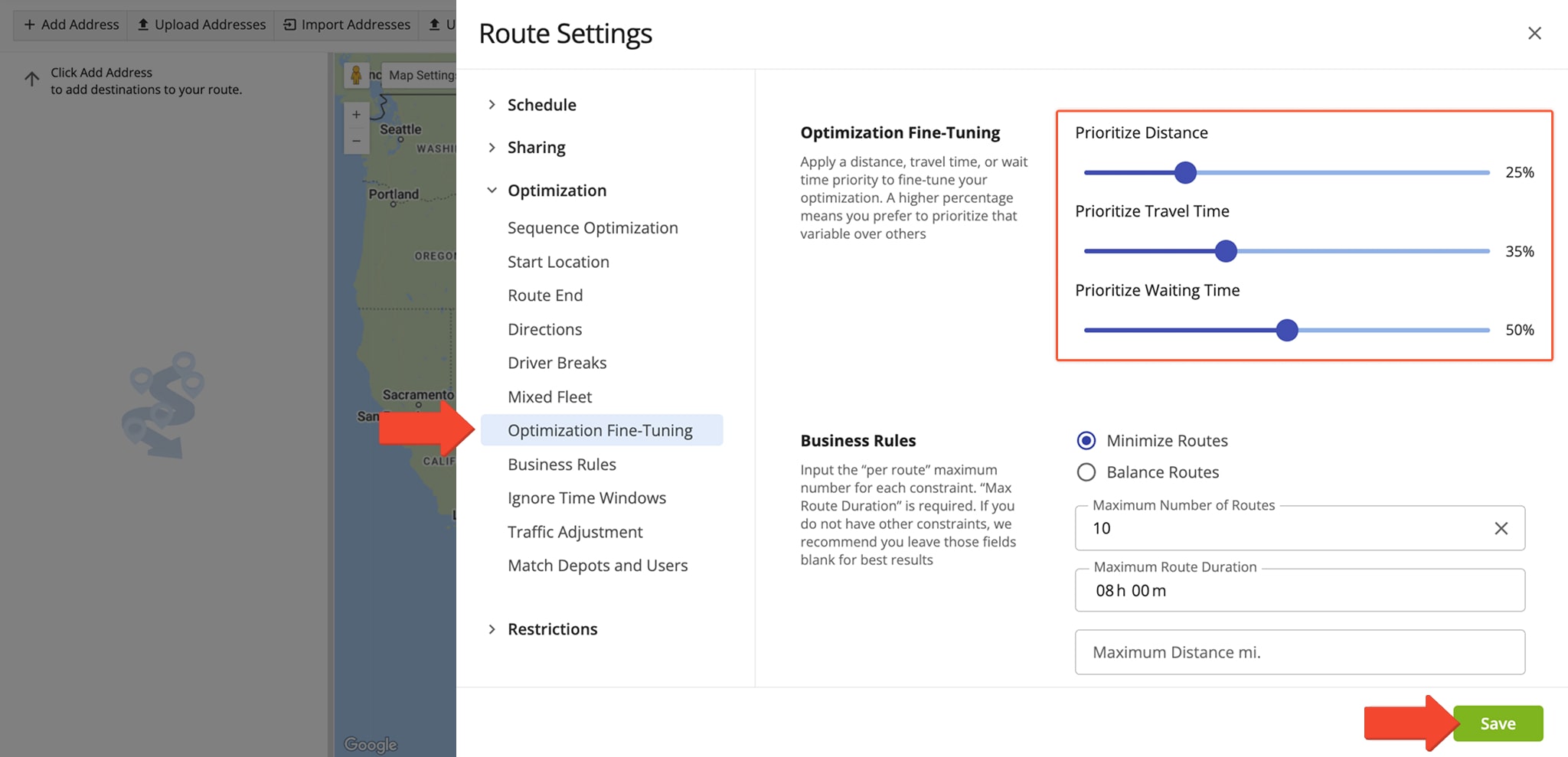 Route4Me also enables you to adjust Optimization Fine Tuning settings every time you plan a route.