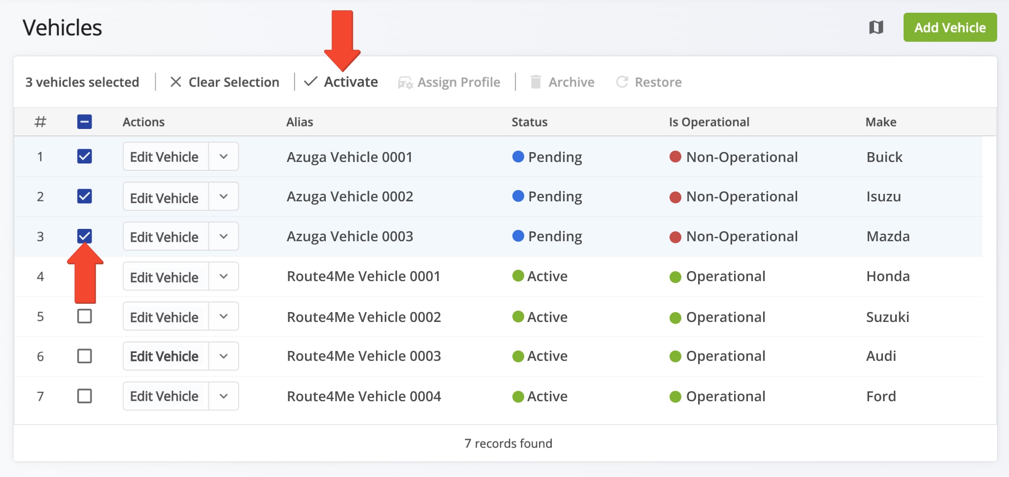 View and manage Azuga telematics vehicles in your Route4Me Vehicles page.