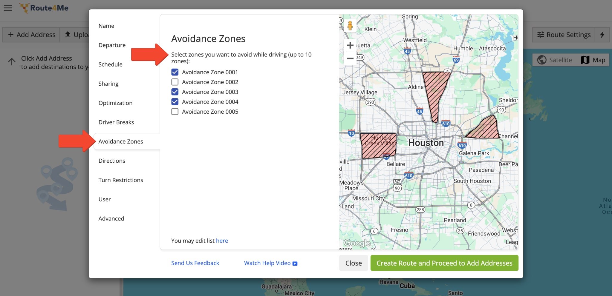 Apply Avoidance Zones to a route by selecting them from the list in the pop-up window, displaying them on the map, and proceeding to create the route.