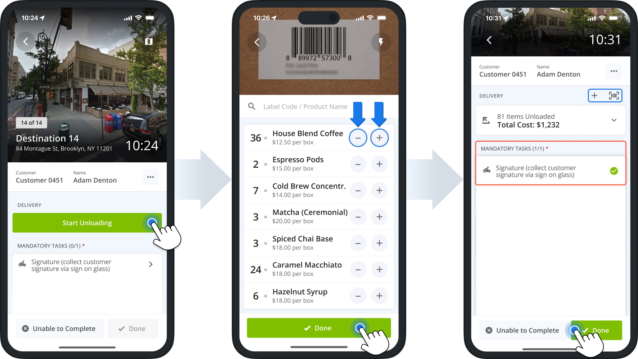 Route4Me driver app Unload Items workflow: tapping Start Unloading, setting item quantities with the Plus and Minus buttons, and completing the Destination after the mandatory signature.