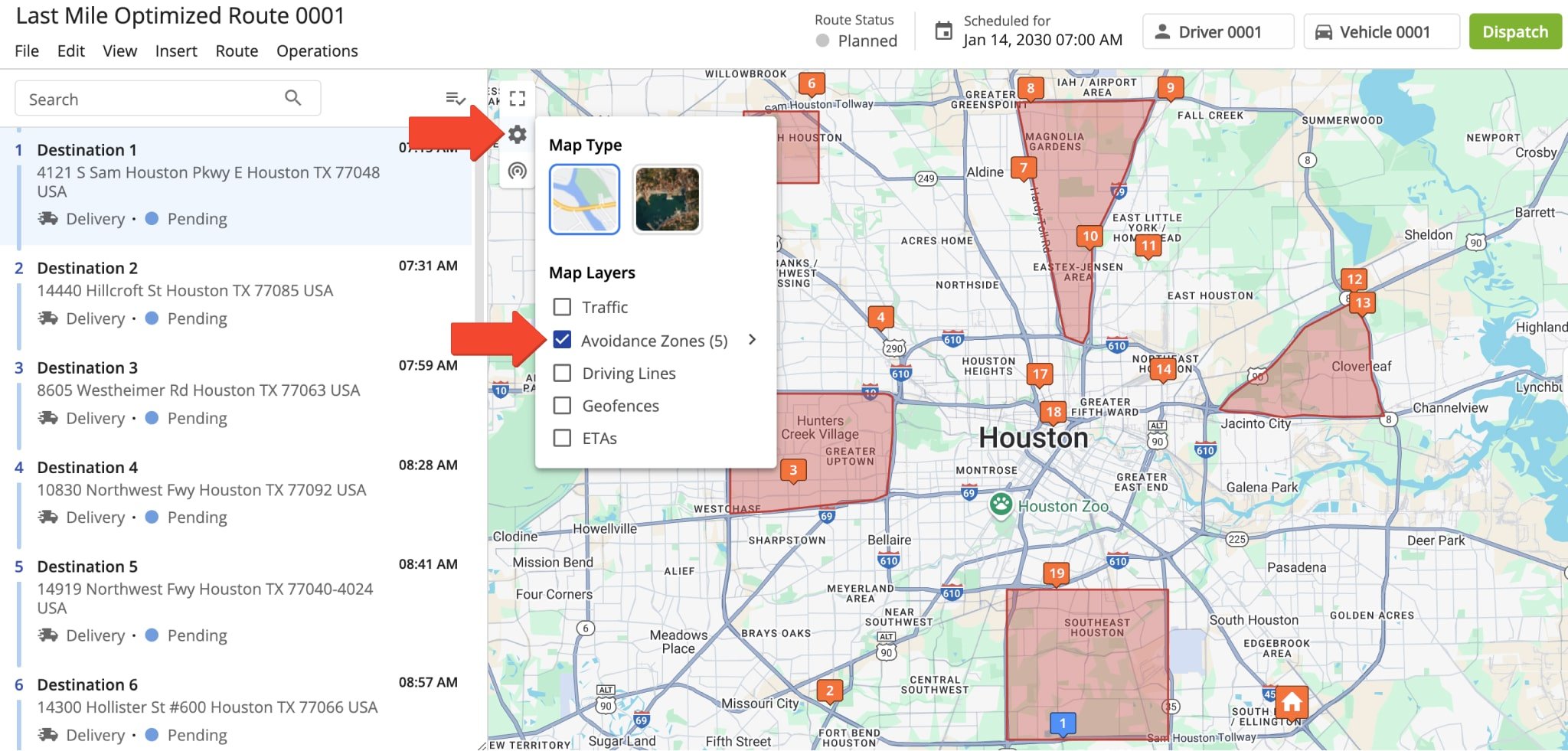 Identify addresses within an Avoidance Zone by using the map's Gear Icon to select and apply the 'Avoidance Zone(s)' filter.