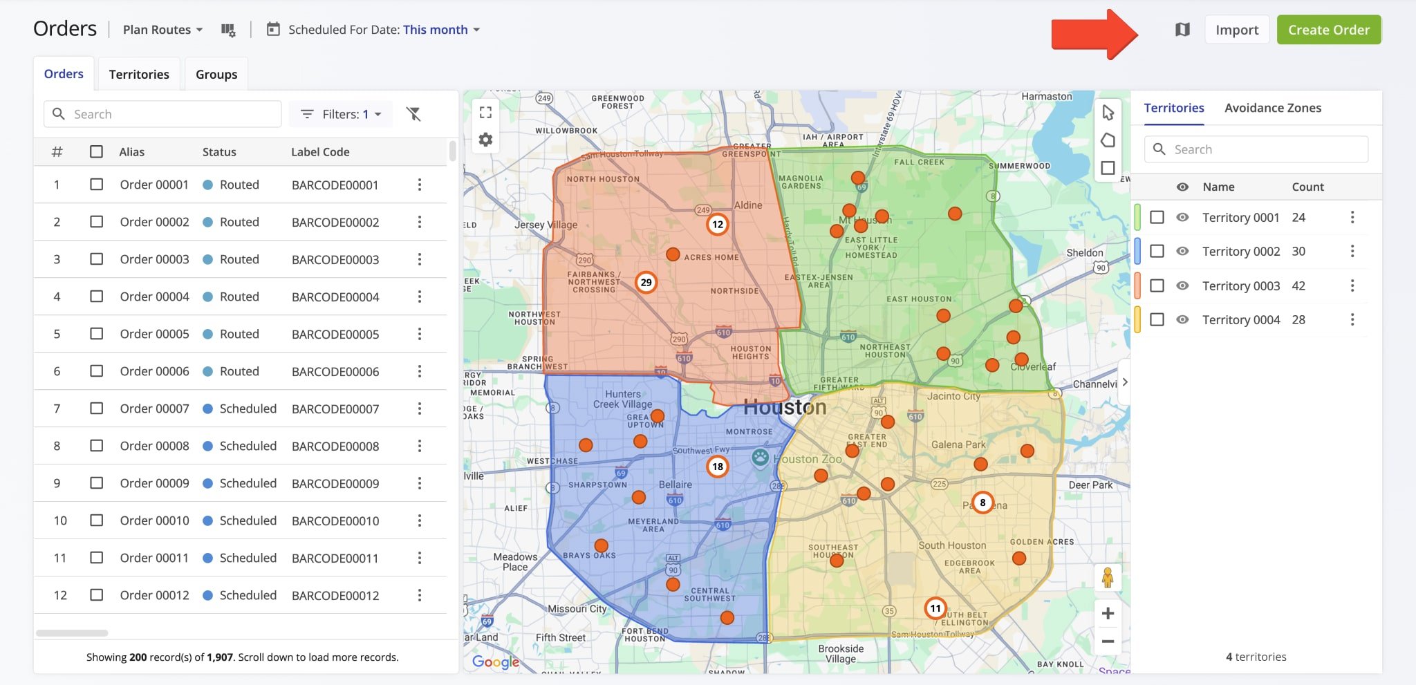 The Orders Map shows all orders and territories on your account on the map.